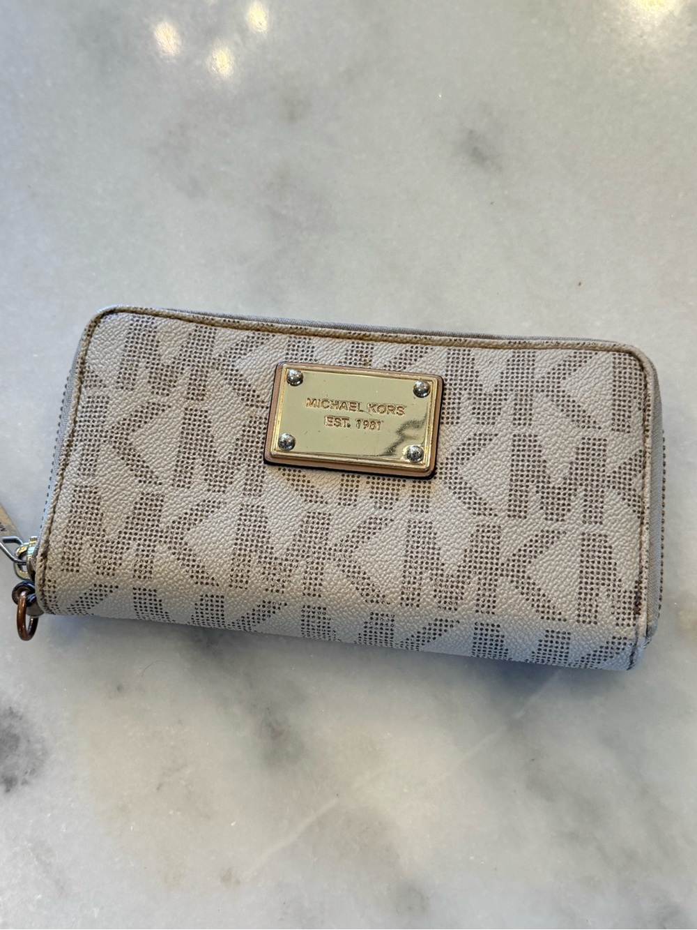 Michael Kors Light Beige MK Logo Zip-Around Wallet with Gold Plaque